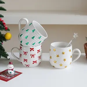 Christmas Ceramic Mug, Large Capacity Coffee Cup, Reusable Holiday Gift, Tree Bow Star Pattern, Home Decor, Party Use, Ceramic Drinkware