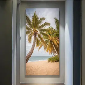 Serene Tropical Beach Canvas Print Palm Tree Wall Art with Golden Sand & Blue Ocean Coastal Decor for Chill Room Accessories Front Porch Living Room Accent Bedroom Beach House Refresh Summer Vacation Vibes Poster