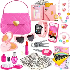 F-CPB19  Kids Play Purse for Little Girls Toddlers, Toy Purse with Accessories, Wallet, Fake Phone, Fake Makeup Toys & Play Jewelry, Toddler Pretend Play Toys for Girls, Little Girl Gifts Age 3 4 5 6 Year Old