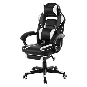 Garvee Gaming Chair Office Chair Desk Chair Reclining Computer Game Use High Back Headrest Lumbar Support Armrest Height Adjustment Function PU Leather With Ottoman (White)