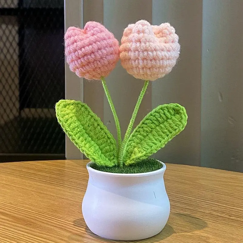 Handmade Crochet Tulip Artificial Potted Ornament, Home-Car Decor, Fake Floral Home Supplies Accent