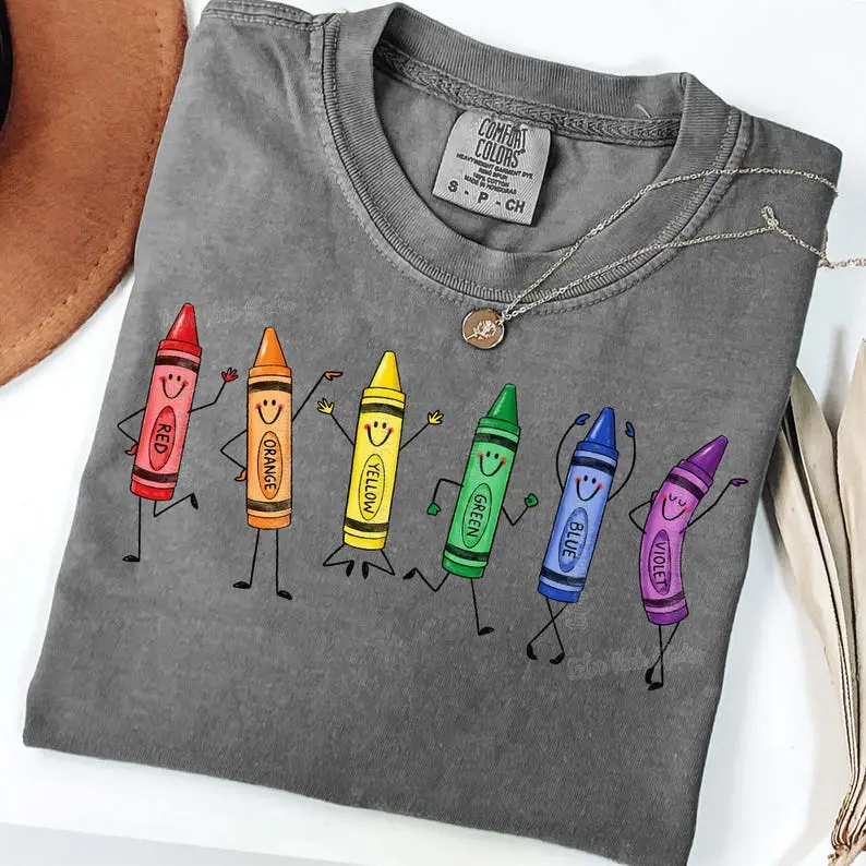 Comfort Colors Happy Crayon Doodles T-Shirt, Back to School Teacher Shirt, Kindergarten Apparel, Dancing Rainbow Crayons Graphic Preschool Design