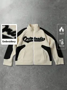 Trendy Warm Embroidered Lamb Fleece Jacket, Soft Lamb Fleece Fabric, Colorblock Design, Stylish Embroidery, Casual Fit, Winter Commute, Coats