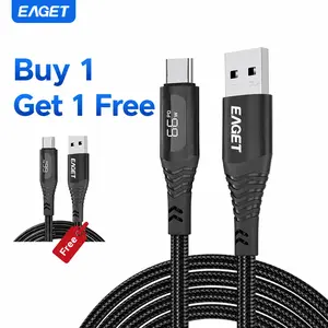 (Buy 1 Get 1 Free) EAGET 66W USB A to USB-C data Cable, 6A Fast Charging Braided Cord, Digital Display Power, Compatible with iPhone 16 Series, Samsung Galaxy S24/S23, Switch, 6.6FT Black, portable charger,TikTokShopHolidayHaul couple gift