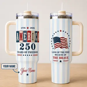 Custom Name USA 250th Anniversary Tumbler 40oz, USA Flag Travel Mug with Handle, Patriotic Independence Day Gift