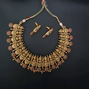 Premium Temple Necklace and Earrings Set for Women with Intricate Design and Colorful Accents