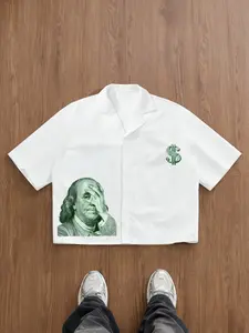 Men's Vintage Money Print Camp Style Cuban Collar Trendy Short Sleeve Shirt, Summer Casual Streetwear for Daily Wear