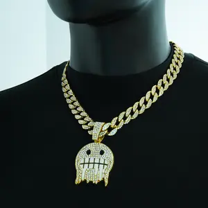 Men's Hip Hop Full Diamond Alloy Pendant Long Necklace - Fashion Brand Diamond Studded Pendant, Miami Street Rap Costume Jewelry Accessories