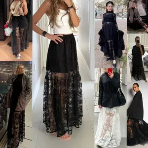 Woman's Elastic High Waist Floral Lace Hollow Out Maxi Skirt, Breathable Lined Anti-exposure Tiered See Through Long Skirt, Size Inclusive, Black White Optional, Sexy Casual Fit Spring Summer, For Daily Outing Date Party Vacation Campus Commute