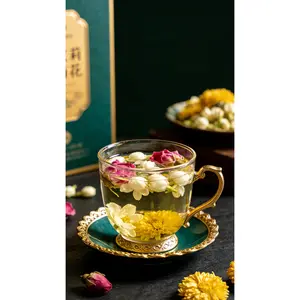 4-Jar Floral Tea Gift Set with Vintage Glass Cup Rose Jasmine Chrysanthemum Fruit Tea Caffeine-Free Herbal Tea for Women Mothers Day Wedding Favor Self-Care