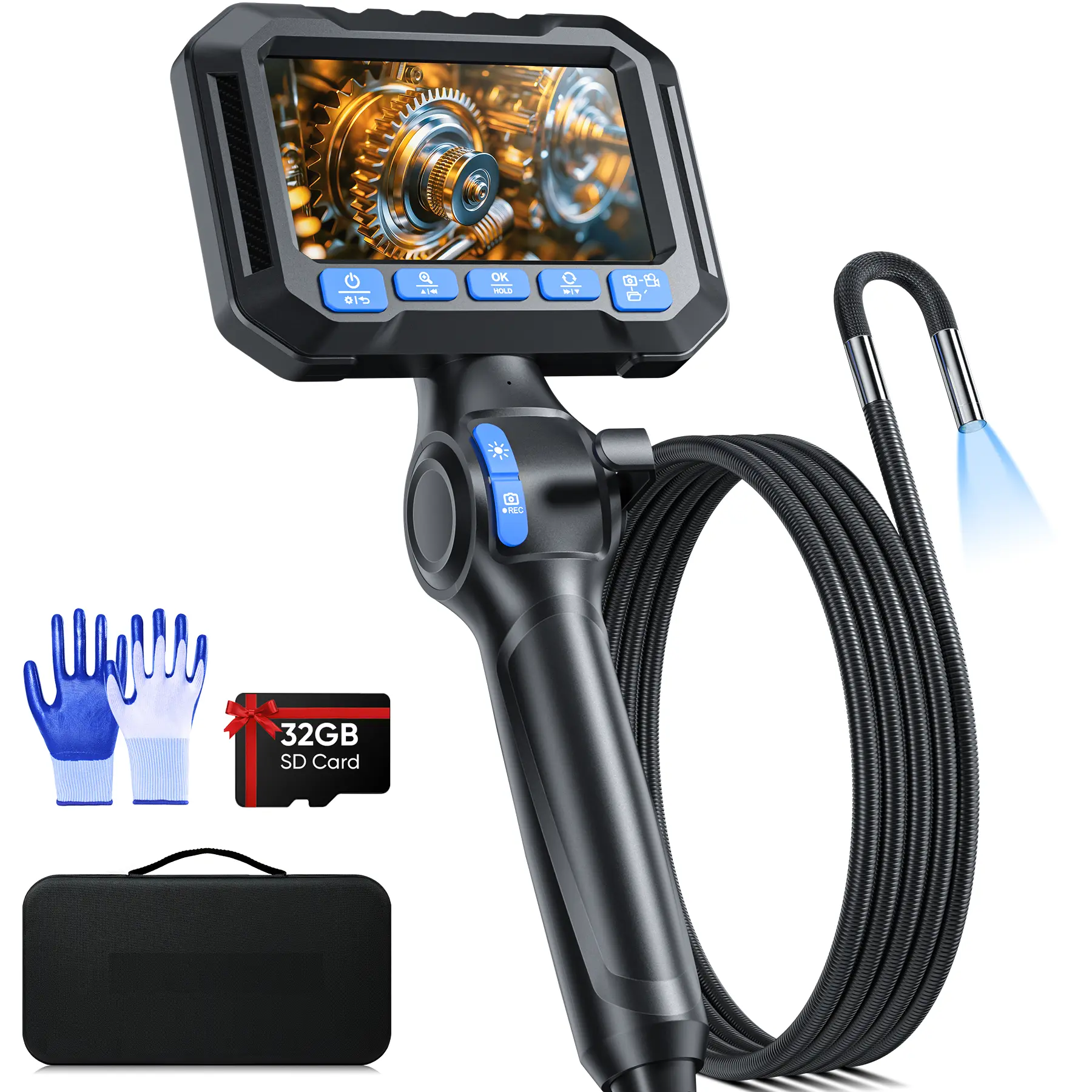 Z90 Articulating Borescope Inspection Camera with Light, 4.3" IPS Screen, 2-Way Adjustable Probe, 3 LED Brightness Levels, IP67 Waterproof, Photo & Video Recording, 32GB Card Included