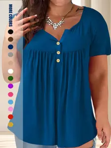 [Plus Size] Solid Color Button Front Tee, Casual Short Sleeve Scoop Neck T-shirt Top for Summer, Women's Clothing for Daily Wear, Womenswear