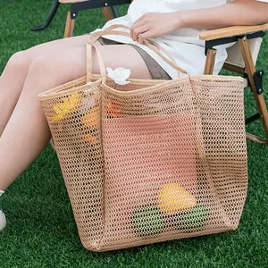 Large Capacity Mesh Beach Bag for Women, Quick-Dry Foldable Shoulder Bag with Multiple Pockets, Adjustable Strap & Handle