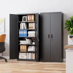 Aobabo 72" Tall Black Metal Storage Cabinet with Lock, Heavy Duty Steel Garage Tool Organizer with 2 Pegboard Doors & 5 Adjustable Storage Shelves, Freestanding Lockable File Cabinet for Home Office Warehouse, Assembly Required