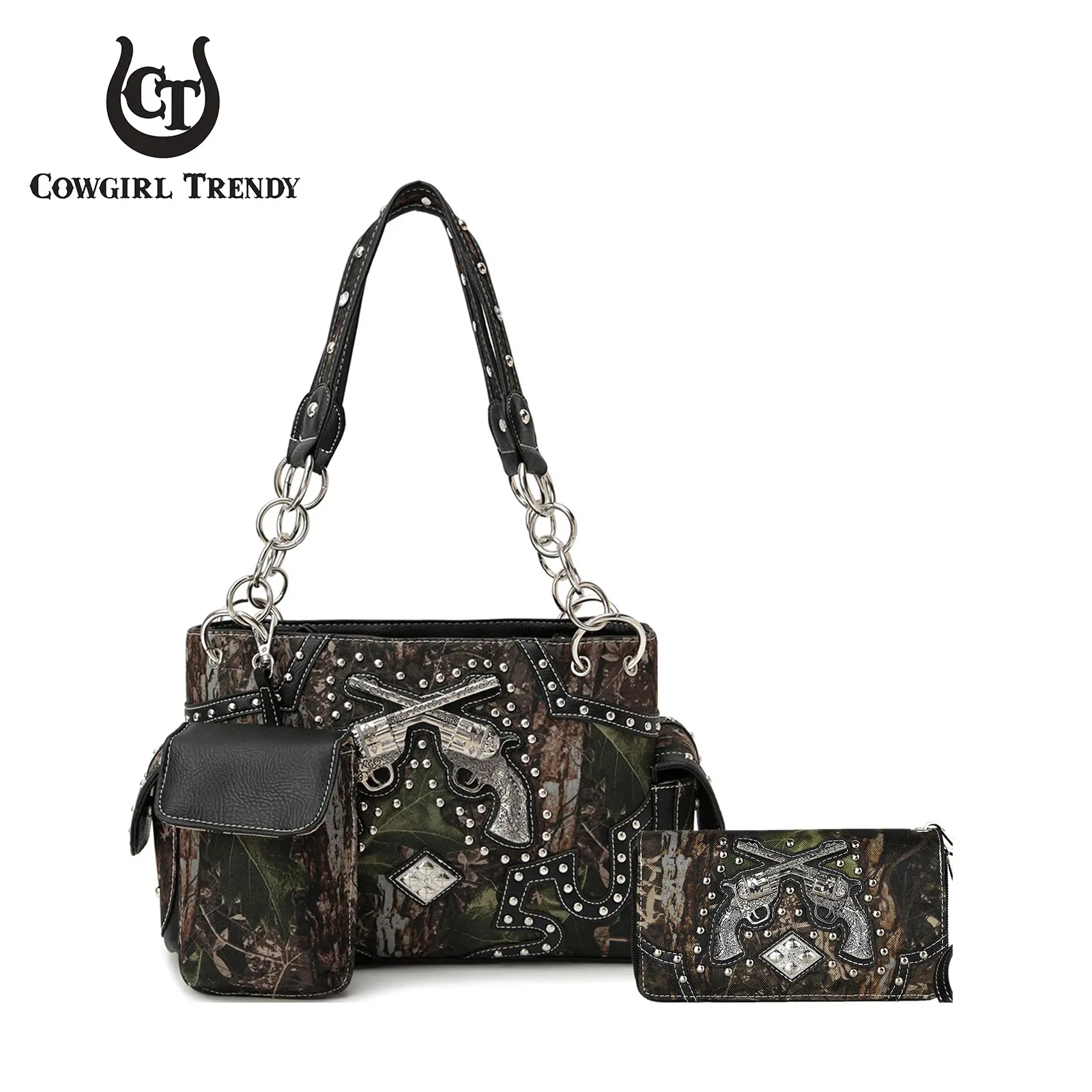 Cowgirl Trendy Women's Western Cowboy Camo Crossbody Handbag Set with Studs, Crossed Guns Accent & Chain Strap - Casual Vibes, Everyday Carry, Country Romance Women's Crossbody & Shoulder Bags, Fashionable Bags, Polyester, Embroidery, Zip, Camouflage, Hol