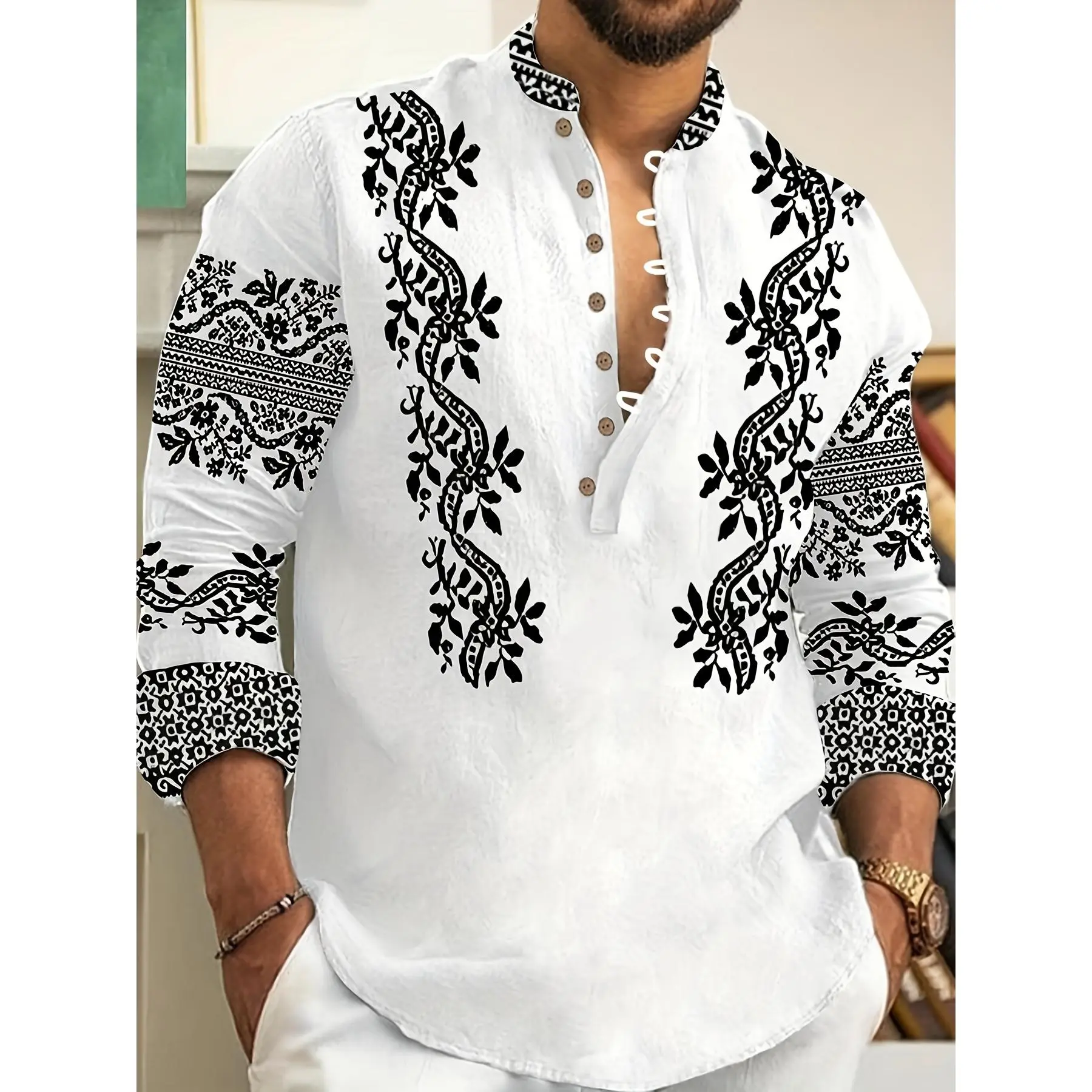 Menswear Collared Longsleeves Top - Men's Regular Fit Button-Up Woven Polyester Shirt, Basic Striped Print Casual Long Sleeve Shirt