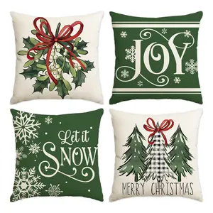 4pcs green Christmas pillowcase, holly berry and red bow Christmas sofa cushion cover, Cushion Slipcovers, Creative decorative cushion, 18x18 inches, Christmas tree snowflake pillow cover, winter farmhouse party decoration, Christmas decoration