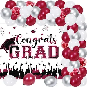 1Set Congrats Grad Decorations Burgundy Red Graduation Decor with Congrats Grad Backdrop Red Silver Confetti Balloon Garland Arch Kit for Class of Grad Prom Graduation Supplies