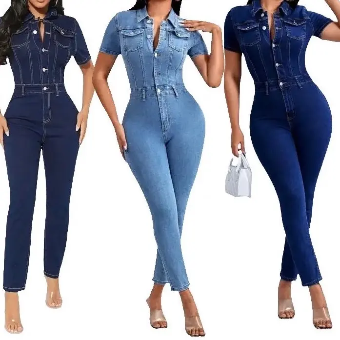 Women's Stretchy Denim Jumpsuit - Classic Button-Down Style with a High-Waist Tie Belt, Breathable Fabric for Casual Wear, Simple, Basic