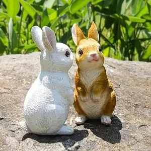 1 Pair Charming Rabbit Garden Statues - Resin Bunny Sculptures with White & Golden Accents, Weather-Resistant Outdoor/Indoor Decor for Yard, Patio, Valentine’s Day Gift for Family & Lovers
