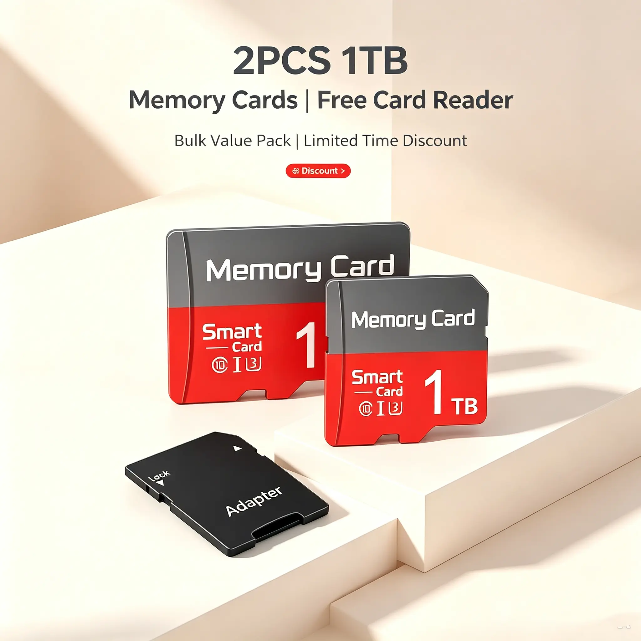 2 Pieces 1TB, sd memory card, Reliable Storage, sd card, Stable Reading Writing, micro sd card, Comes with SD Card Adapter, Class 10 for voice recorder, security camera, sat nav, tablet, bluetooth speaker