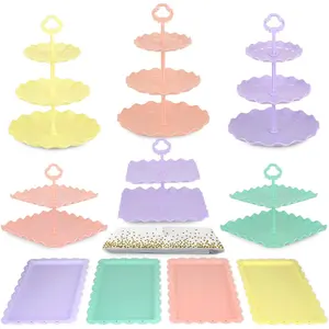Pack of 10  Cake Stand Set, with 3 x Two-Tier and 3 x Three-Tier Cupcake Stands, 4 x Appetizer Trays, 1 x Tablecloth for Birthday Bridal  Shower Party (Colorful)