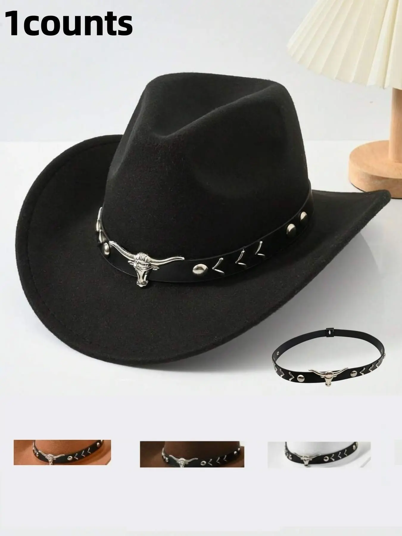1pc Unisex Retro Western Adjustable Cowboy Hat With Horn Pattern, Suitable For Casual Wear, Western Cowboy Party