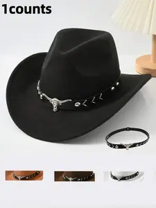 1pc Unisex Retro Western Adjustable Cowboy Hat With Horn Pattern, Suitable For Casual Wear, Western Cowboy Party