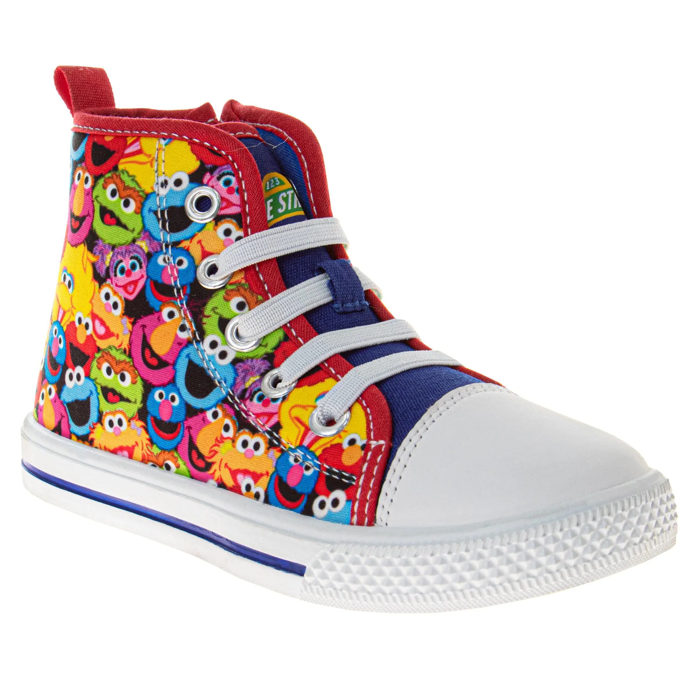 Sesame Street Toddlers' Casual Canvas Hi-Top Sneakers with Adorable Character Print, Laces, and Non-Slip Rubber Sole, Personalized Fit, Round Toe, Synthetic