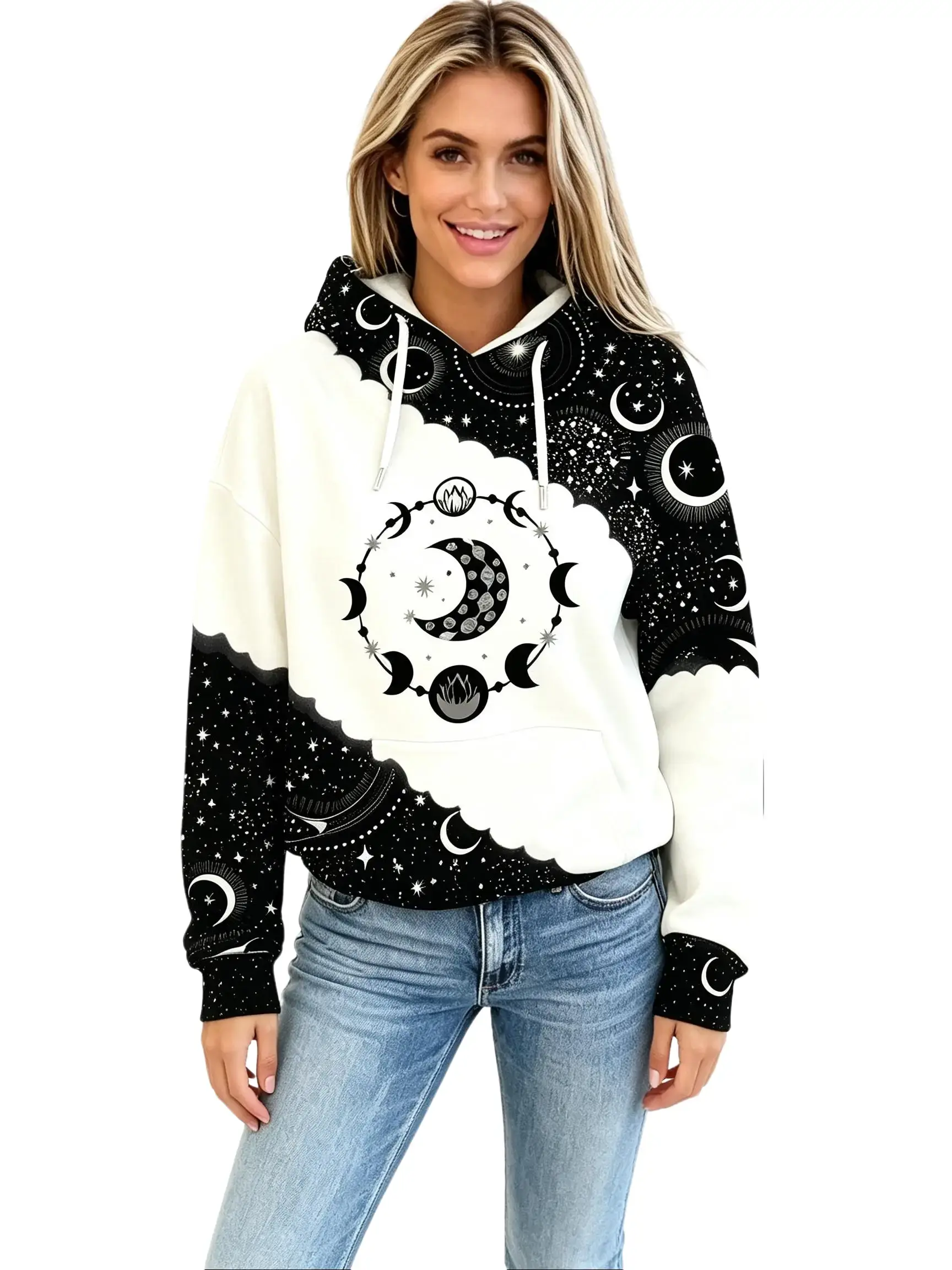 Women's Color block & Moon Print Graphic Hoodies,Fashion Casual Drawstring Pocket Hoodies Sweatshirts for Daily Holiday Outdoor Wear, Ladies Mock Neck Sweatshirt