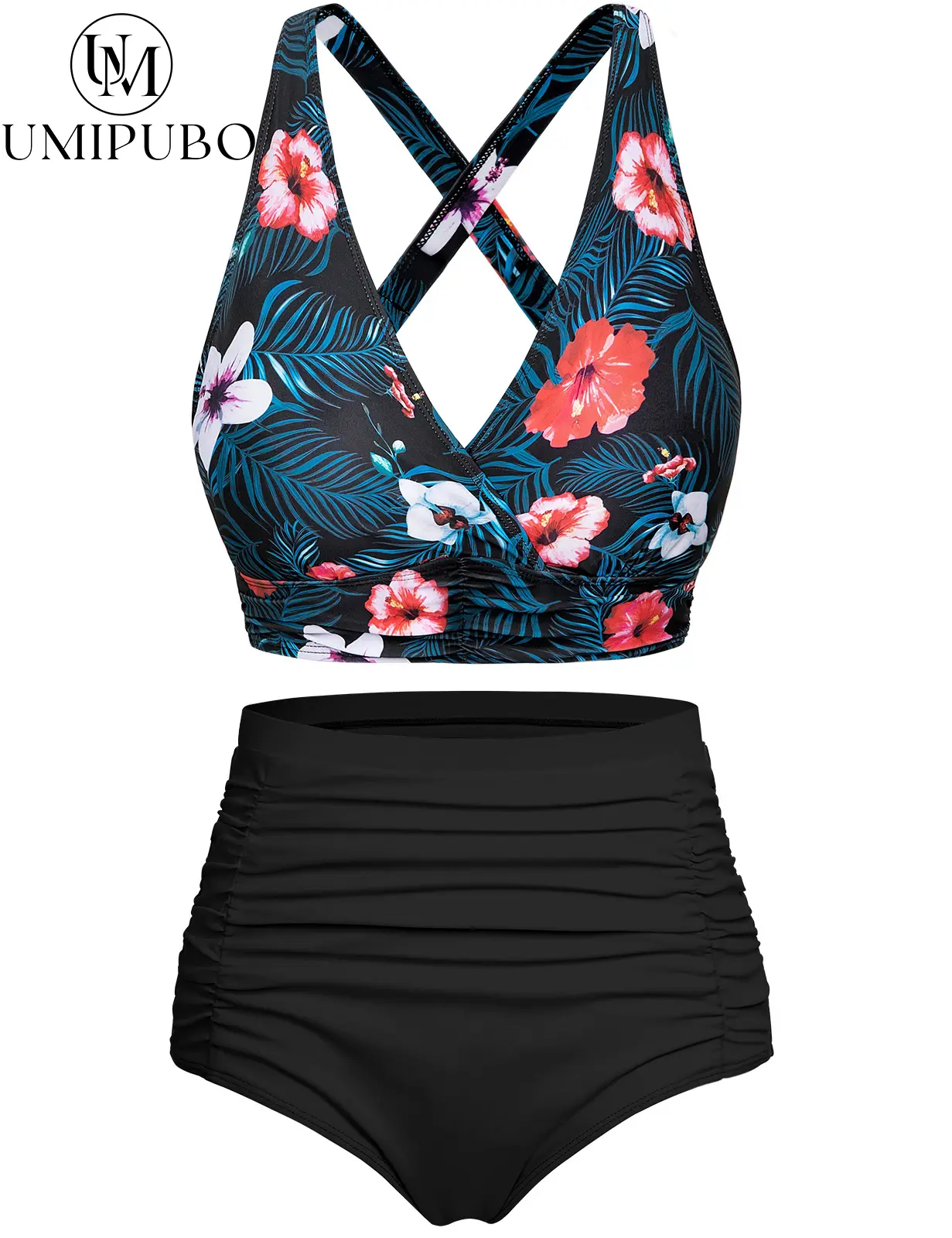 UMIPUBO Summer Women's bathing suit Cross-Buckle One-Piece Swimsuit with Plants Print Design Swimmingsuit for Beachwear SwimWeek Floral Swimwear