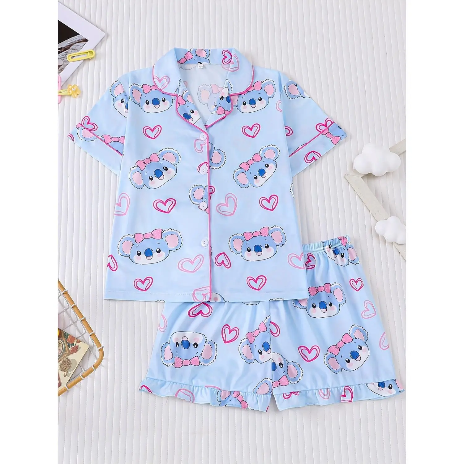 Fire-Resistant Summer Pajama Set for Kids, Short-Sleeved Cardigan, Machine Washable, Blue Koala Print, Ideal for Daily and Outdoor Wear, Unisex 2-Piece Sleepwear Gift Set