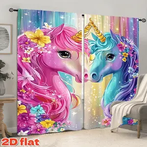 2D Flat 2Pcs Unicorn Pattern Curtains, Fantasy Rainbow Gradient Backdrop, Cartoon Animal Theme, Semi Sunshade, Pole Pocket, Aesthetic Room Decor for Living, Bedroom, Dining, Kids', Anti Privacy Window Decoration, Home Decoration Curtain