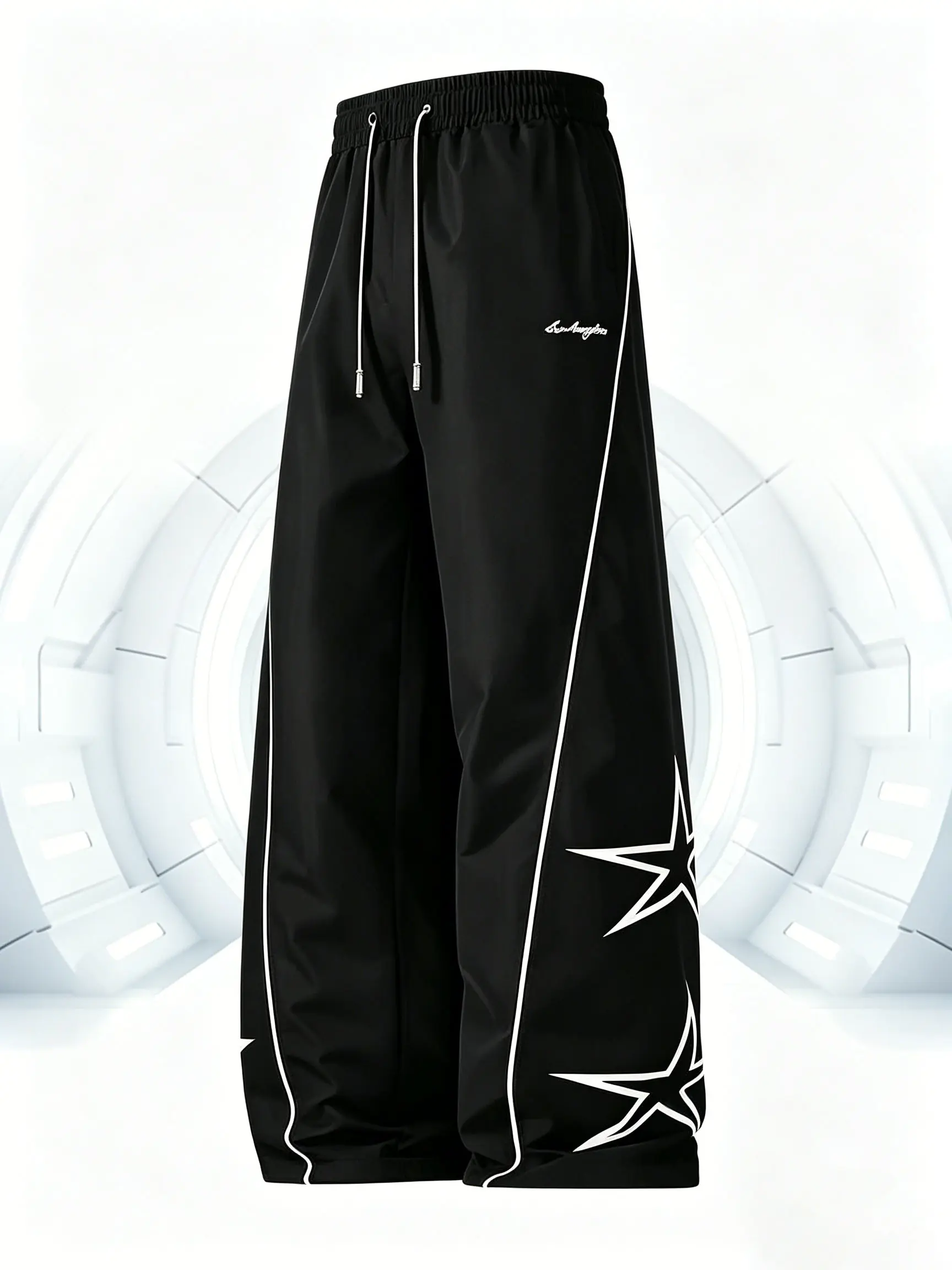 Men's Street Style Star Pattern Pants, Trending Baggy Drawstring Trousers with Pockets and Contrast Binding, Mens Clothing, Baggy Drawstring Men's Pants