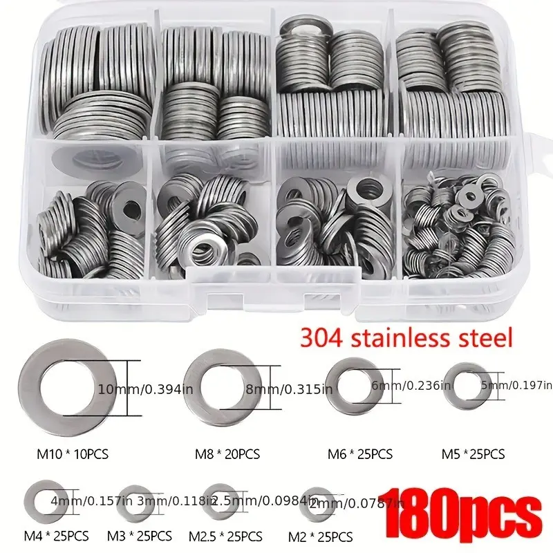 180 Piece Stainless Steel Heavy Duty Washer Set, Polished Finish O-Ring Fasteners, Sizes M2-M10, Durable Easy to Install, DIY Projects, Mechanical Engineering, Electronics Industry, Mechanical Needs, Wide Array of Tasks, Hardware