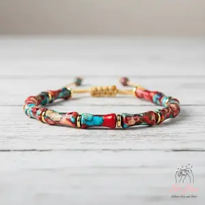 Sofia Natural Sea Sediment Jasper Stone Bracelet Healing Crystal Barrel Gemstone Braided Dainty Handmade Minimalist Style for Daily Use Gift for Her Him