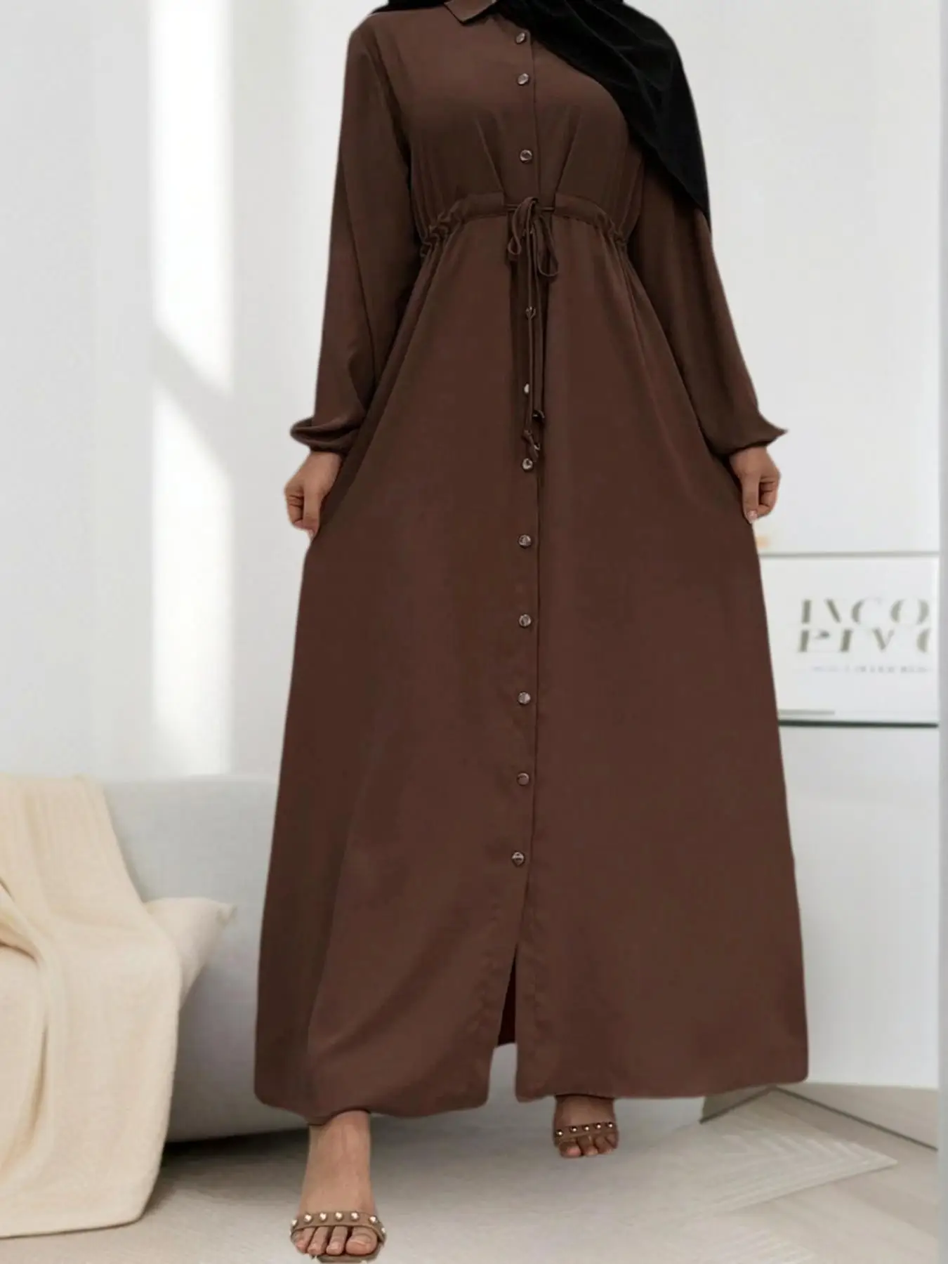 Women's Solid Button Front Drawstring Long Shirt Dress, Casual Long Sleeve Collared Long Dress for Daily Wear, Ladies Islamic Clothing for All Seasons