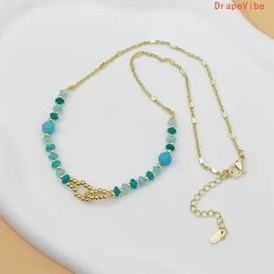 Bohemian Blue Turquoise Necklace 18K Gold Plated Double Layer Natural Stone Clavicle Chain For Daily Wear