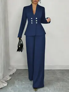 Curvy Confidence Blazer & Trouser Set Stylish Elegant Fitted Women's Solid Suit, Perfect for Office Wear, Trendy Fashion, Chic, Long sleeve