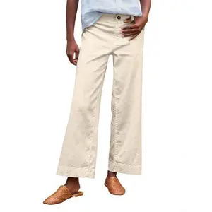 Women's Wide-Leg Cropped Pants Elastic High-Waist Linen Seven-Quarter Pants Formal Casual Work Pants (With Pockets)