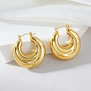 #8 18-Karat Layered Real Gold-Filled Round Bamboo Hoop Earrings, High Quality Statement Earrings Jewelry