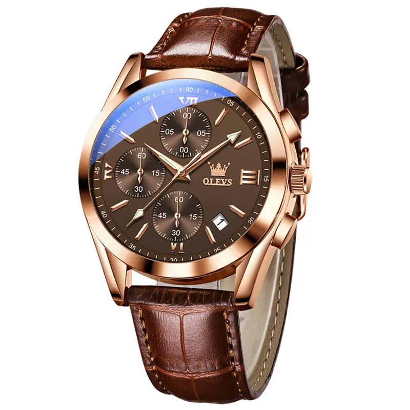 OLEVS Watch for Men Leather Casual Chronograph Analog Dress Strap Waterproof Luminous Fashion Easy to Read Gold Case Mans Watches
