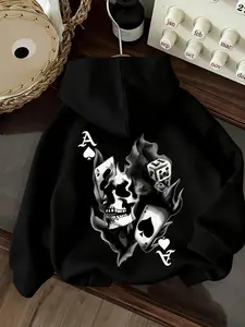 Men's 'Ace of Spades' Skull Thermal Hoodie | Oversized Fit, Gambling Graphic Print | Trendy Streetwear Essential | Perfect for Urban Style & Edgy Tattoo Fashion Enthusiasts | Fleece-Lined, Vintage Dark Aesthetic