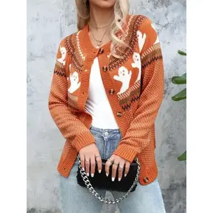 Women's Halloween Themed Ghost Print Sweater Cardigan, Cute Casual Long Sleeve Cardigan for Fall & Winter, Women's Knitwear for Daily Wear Womenswear Tops Fitted Orange