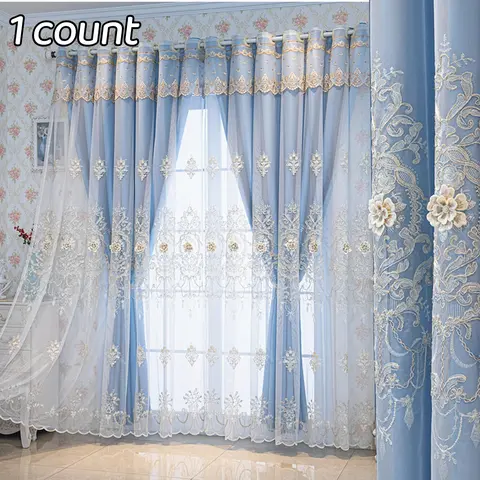 Flower Embroidery Double-Layer Window Curtain, 1-Count Drapes for Living Room & Bedroom, Home Decor Curtain