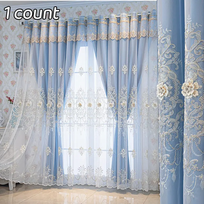 Flower Embroidery Double-Layer Window Curtain, 1-Count Drapes for Living Room & Bedroom, Home Decor Curtain