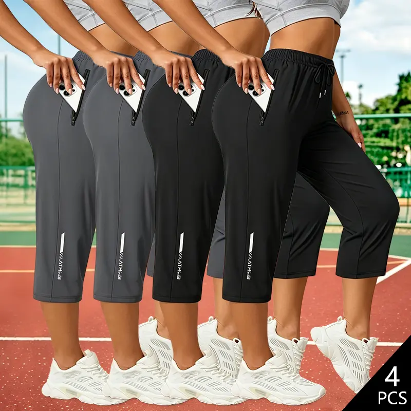Women’s casual capri pants, 4-pack set, elastic waistband with drawstring, reflective stripe print design, cool and skin-friendly, zippered pockets, suitable for leisure, travel, outdoor outings, cycling, hiking, mountaineering, sports, breathable.summer