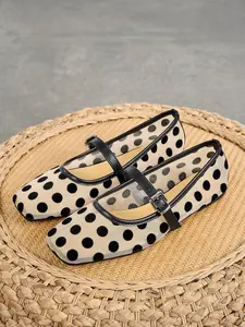 Women's Square Toe Mary Jane Shoes, Polka Dot, Summer 2026, Breathable Mesh, Low Heel, Casual Outdoor Footwear, Comfortable for Wide Feet