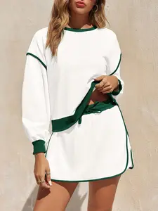 Fisoew Womens Sweatsuits 2 Piece Set Crewneck Sweatshirts High Waisted Skort Skirts Tennis Running Tracksuits Shorts Sets Summer Sportswear Thermal Lined Sports