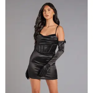 Anastasia Corset Tulle Bow Satin Mini Dress With Gloves